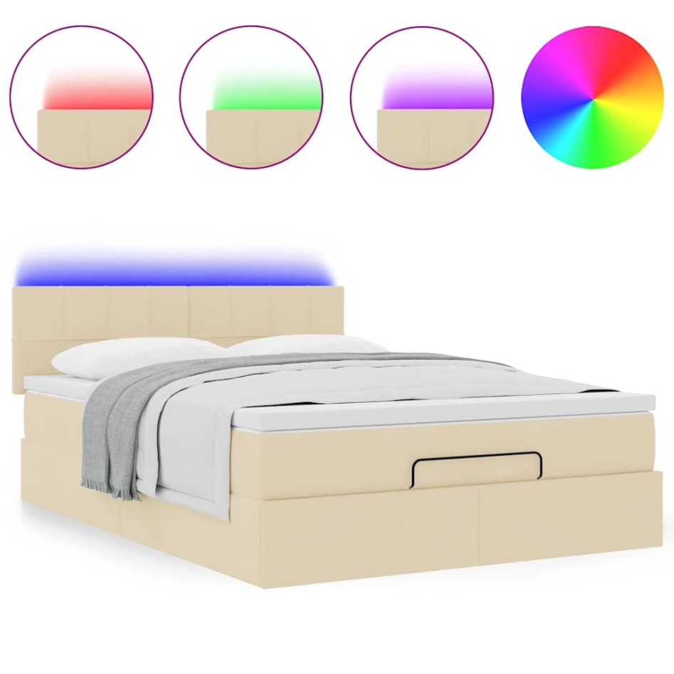 Cama otomana con colchón y luces LED Tela crema 140x200