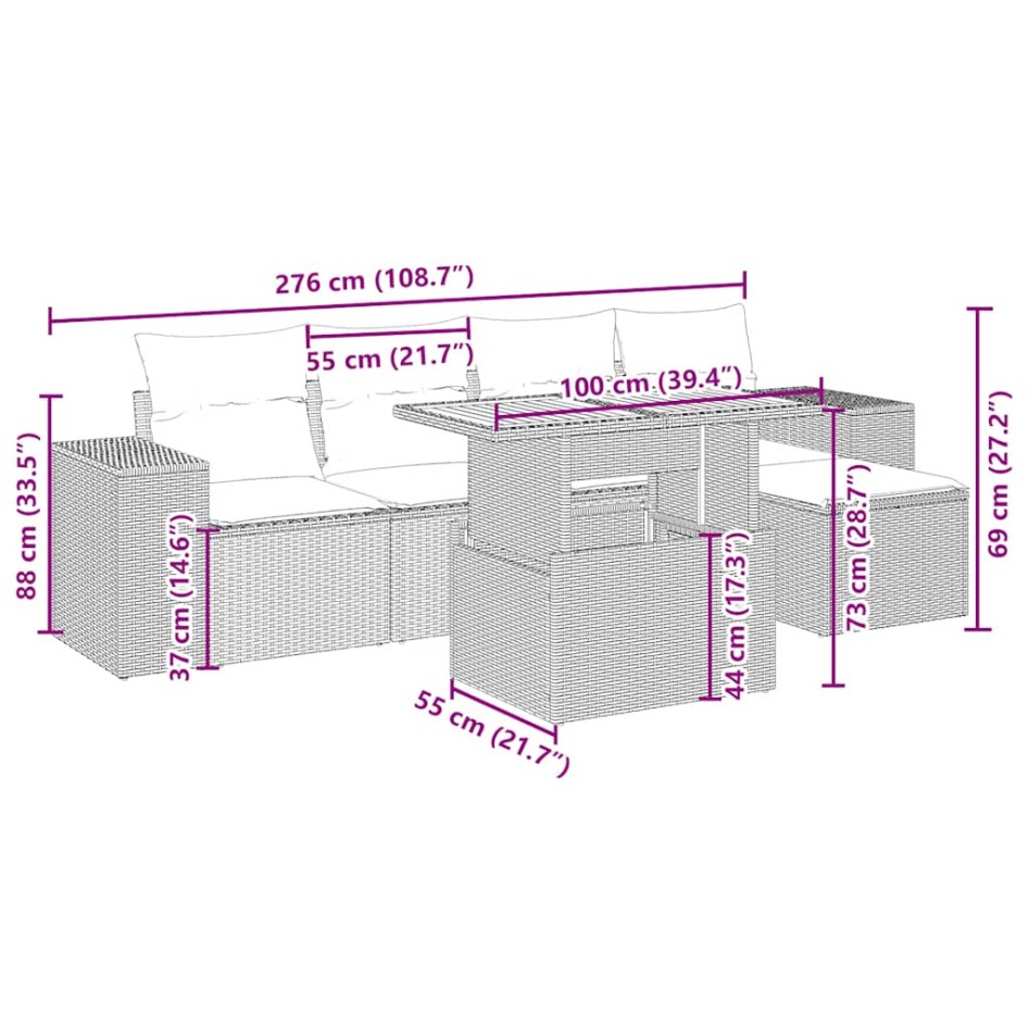 Juego de sofás jardín con cojines 6 pzas ratán sintético
