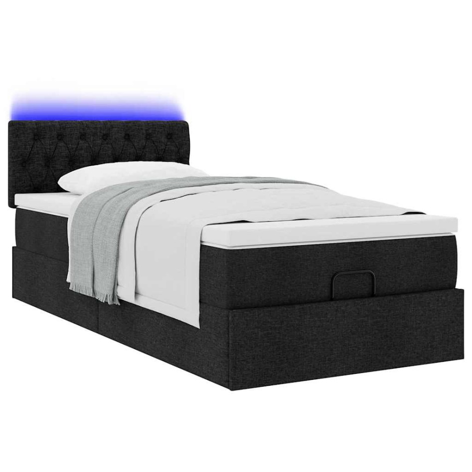 Cama otomana con colchón y luces LED tela negra