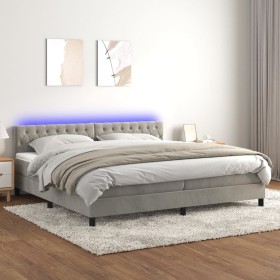 Cama box spring colchón y LED terciopelo gris claro 200x200