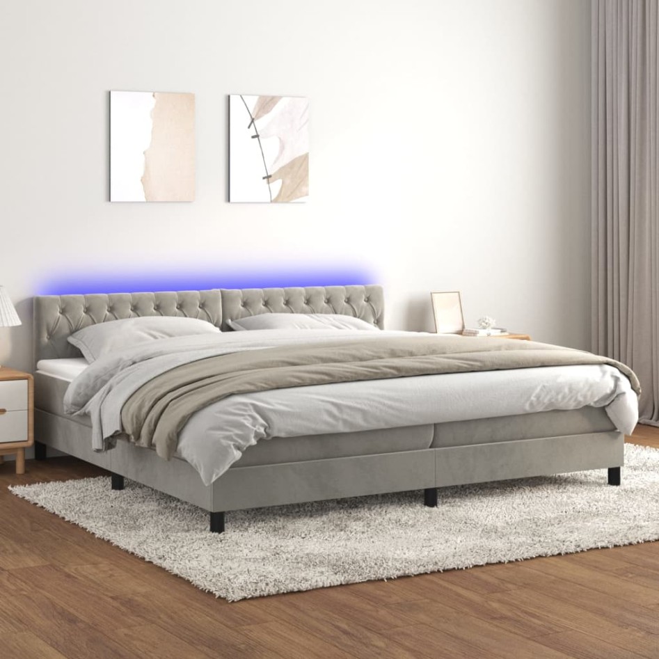 Cama box spring colchón y LED terciopelo gris claro 200x200