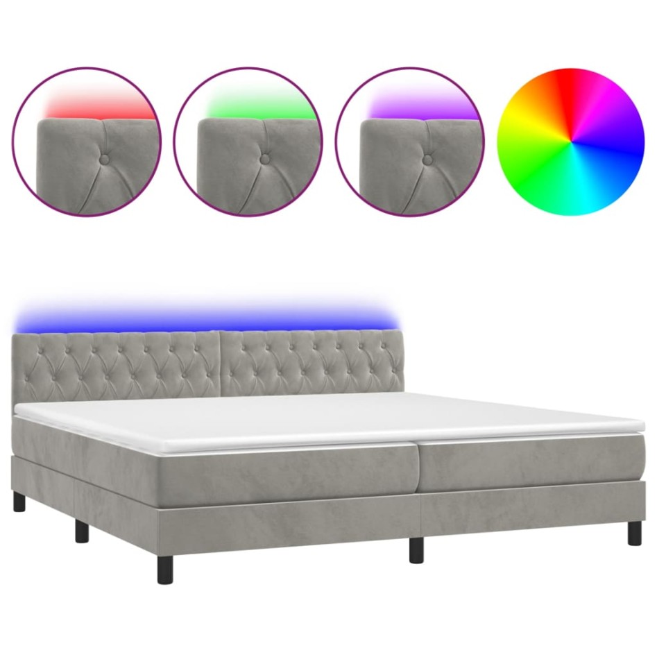 Cama box spring colchón y LED terciopelo gris claro 200x200