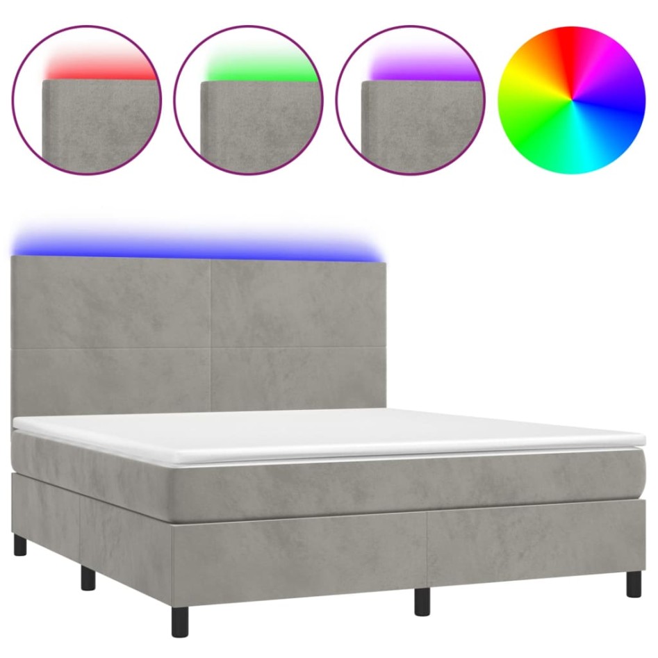 Cama box spring colchón y LED terciopelo gris claro 160x200