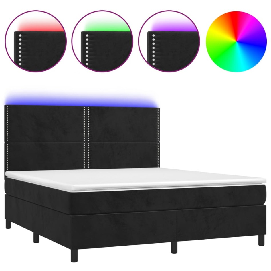 Cama box spring colchón y LED terciopelo negro 180x200