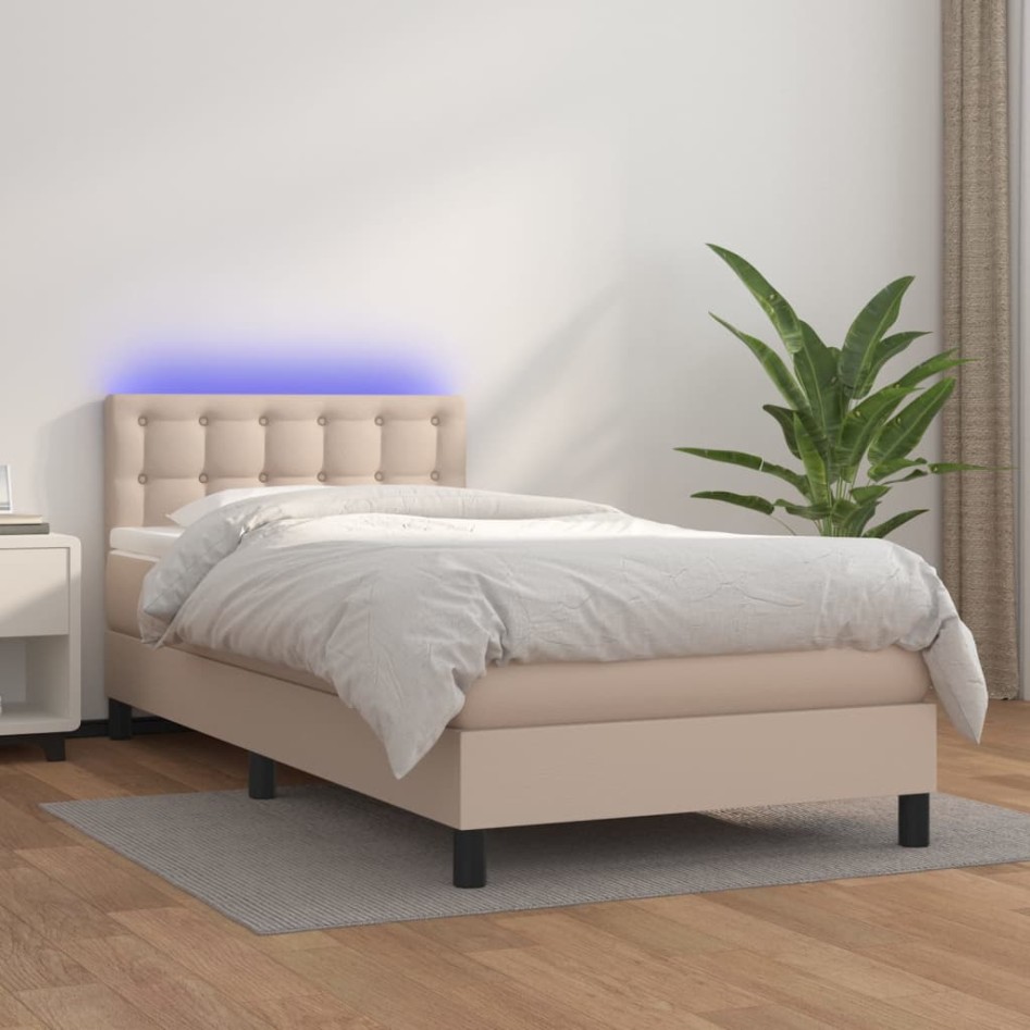 Cama box spring colchón LED cuero sintético capuchino 90x190