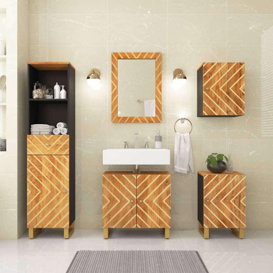 Juego muebles de baño 5 pzas madera maciza mango marrón y