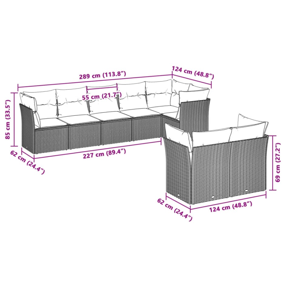 Set de sofás de jardín 8 pzas y cojines ratán sintético
