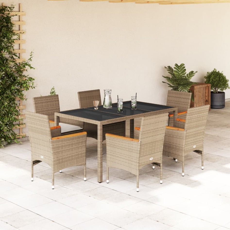 Set comedor jardín 7 pzas cojines ratán sintético vidrio