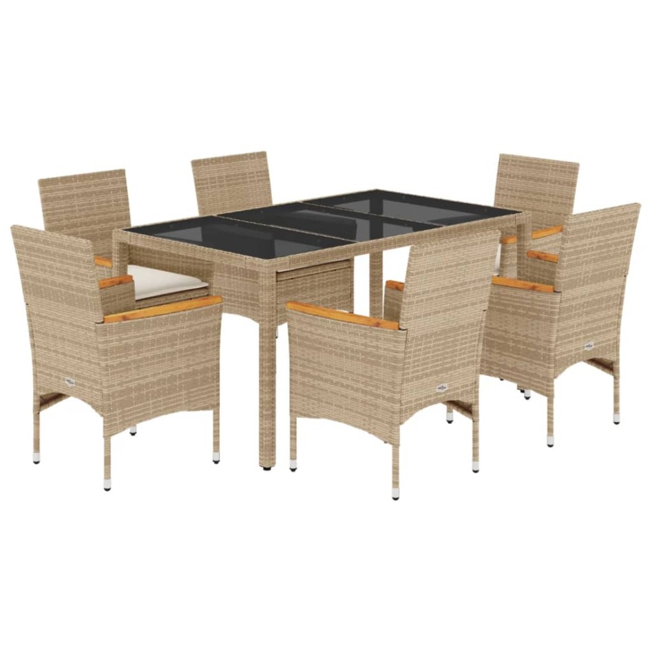 Set comedor jardín 7 pzas cojines ratán sintético vidrio