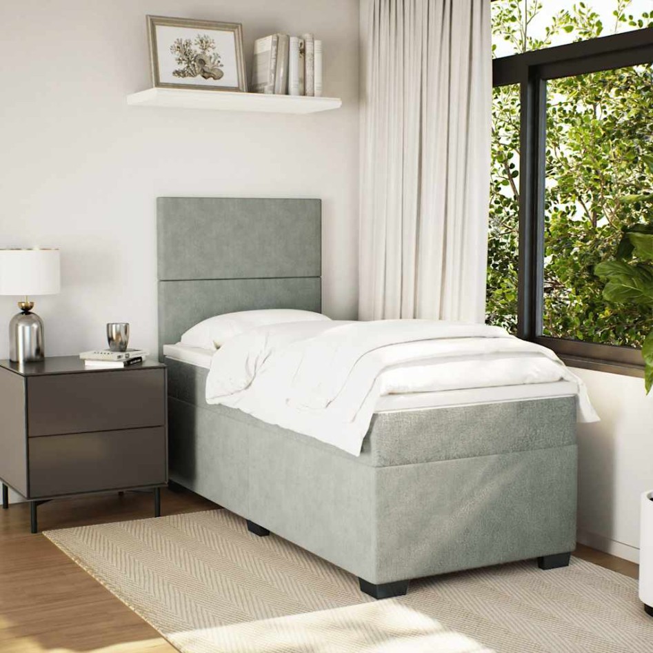 Cama box spring con colchón terciopelo gris claro 90x190