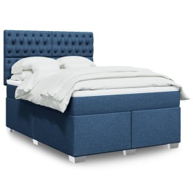 Cama box spring con colchón tela azul 140x190