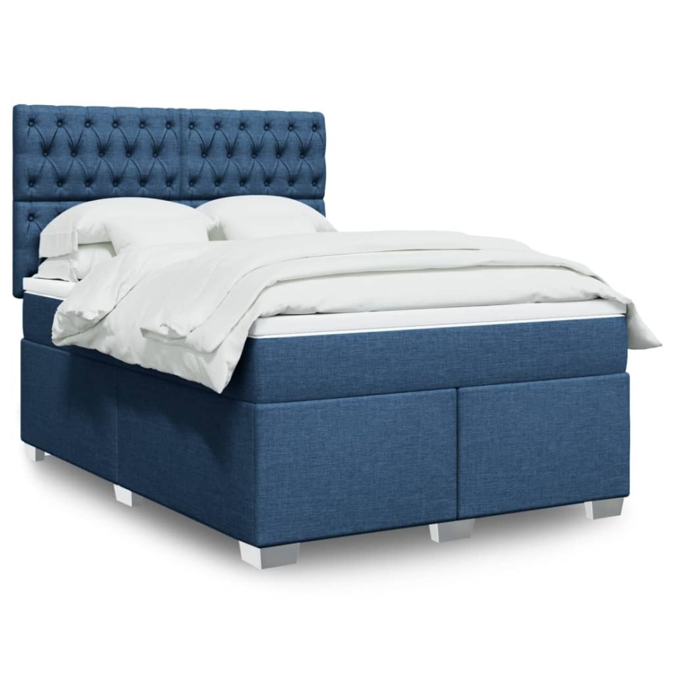 Cama box spring con colchón tela azul 140x190