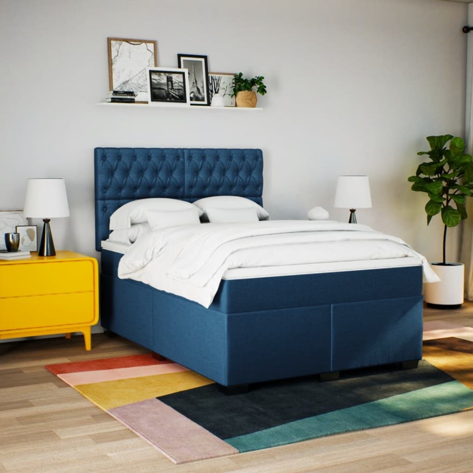 Cama box spring con colchón tela azul 140x190