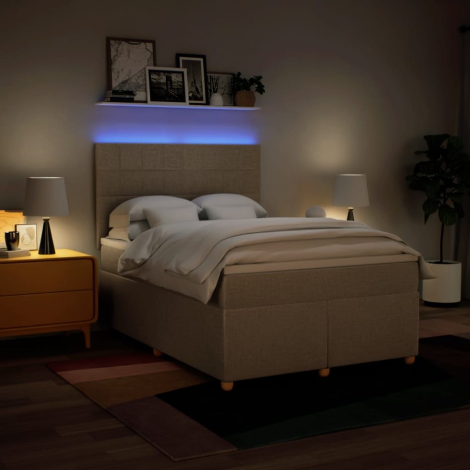 Cama box spring con colchón tela color crema 140x200