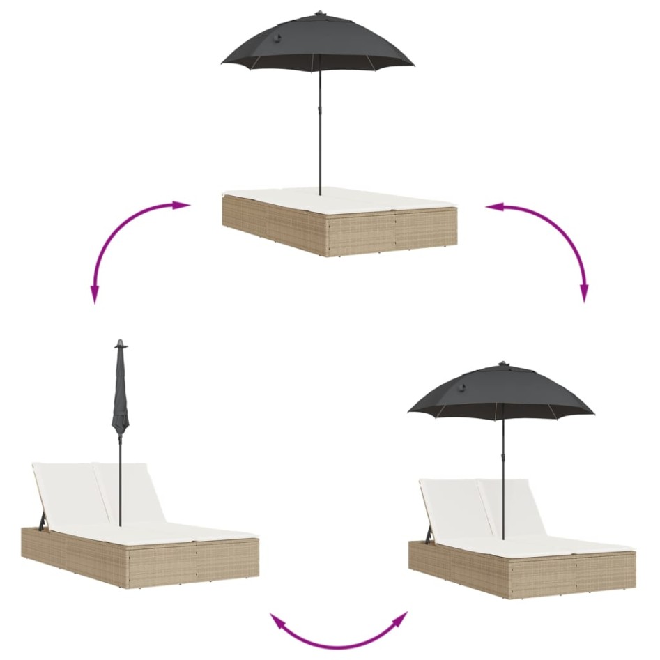 Tumbona doble con cojines y sombrilla ratán sintético