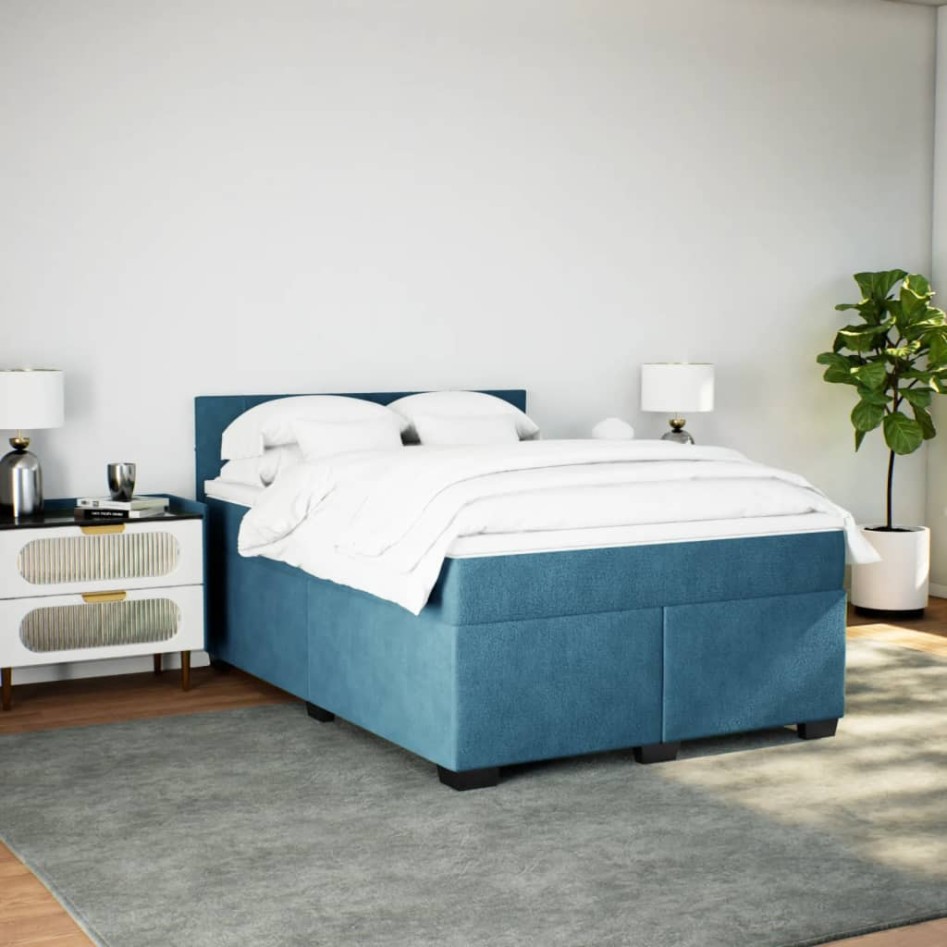 Cama box spring con colchón terciopelo azul 160x200