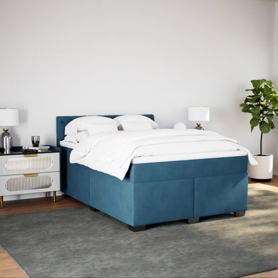 Cama box spring con colchón terciopelo azul 160x200
