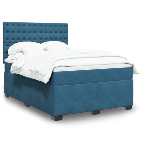 Cama box spring con colchón terciopelo azul 140x190