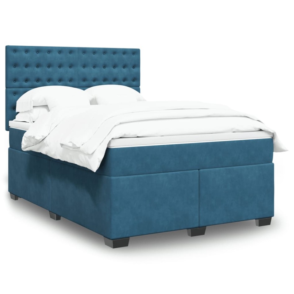 Cama box spring con colchón terciopelo azul 140x190