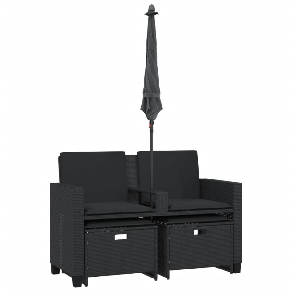 Sofá jardín 2 plazas con sombrilla y taburetes ratán PE