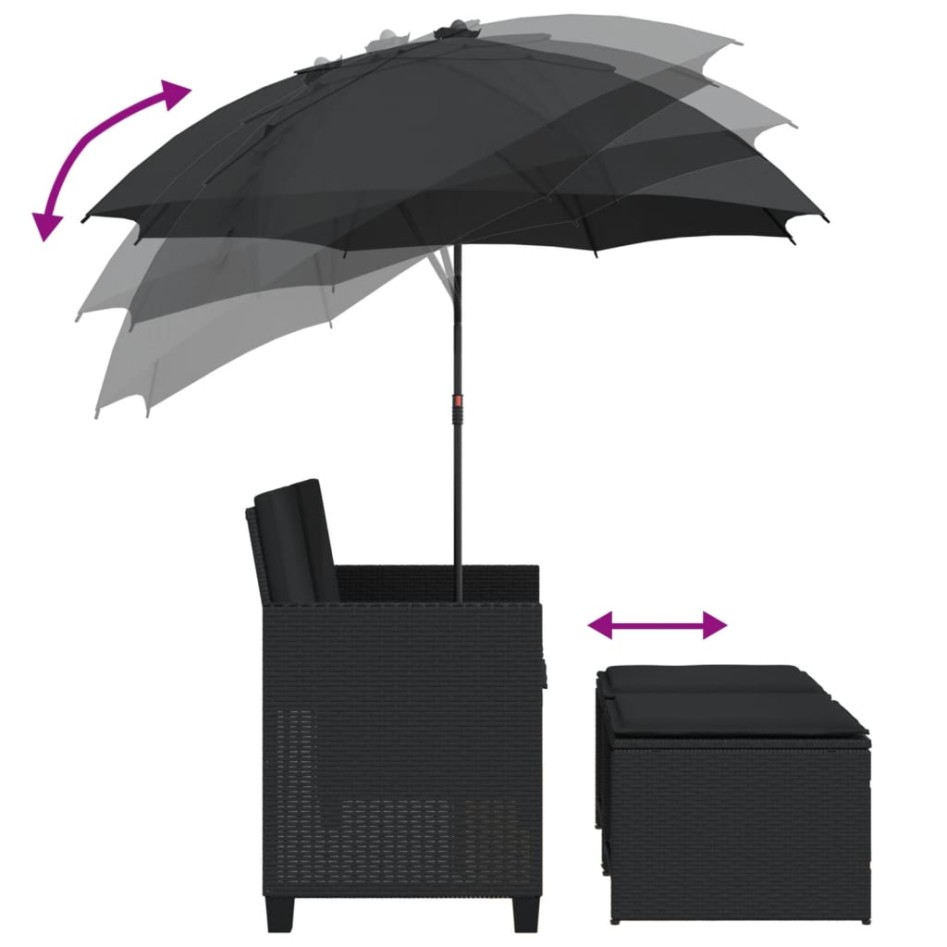 Sofá jardín 2 plazas con sombrilla y taburetes ratán PE