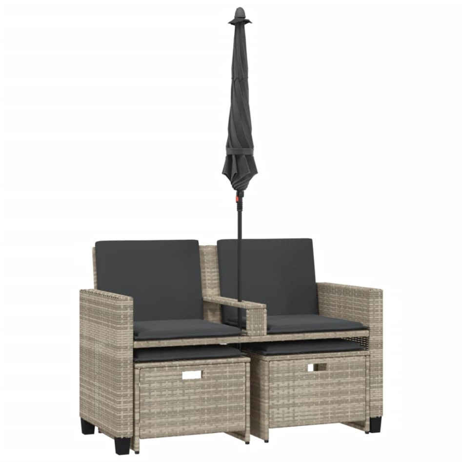 Sofá jardín 2 plazas sombrilla y taburetes ratán PE gris