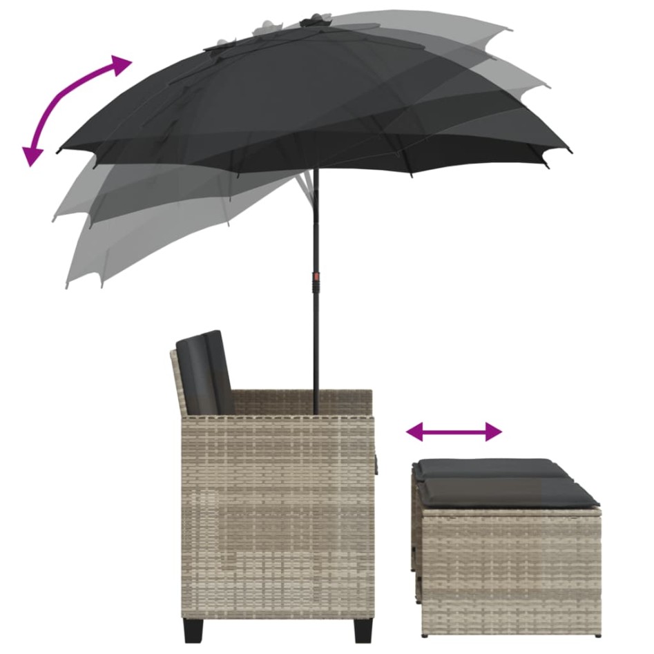 Sofá jardín 2 plazas sombrilla y taburetes ratán PE gris