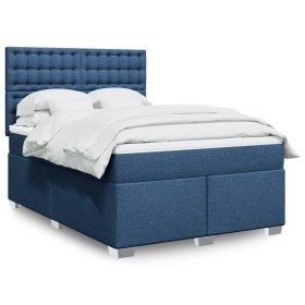 Cama box spring con colchón tela azul 140x200