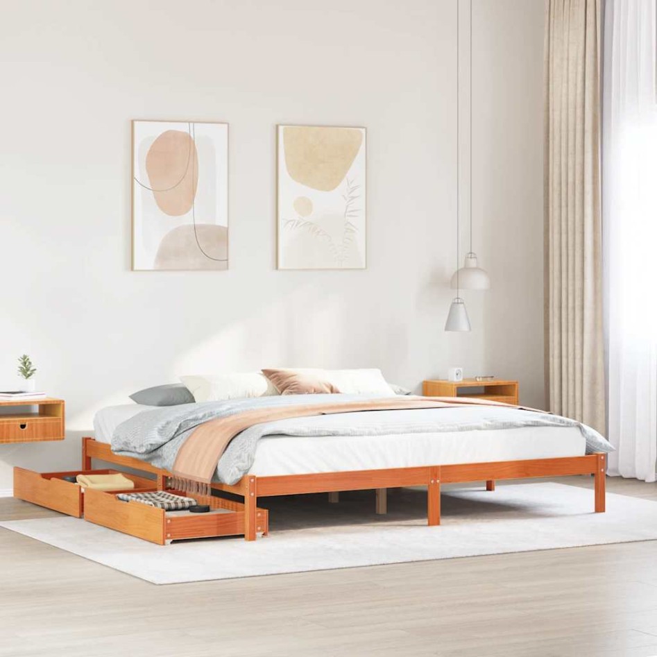 Cama sin colchón madera maciza de pino marrón cera 200x200