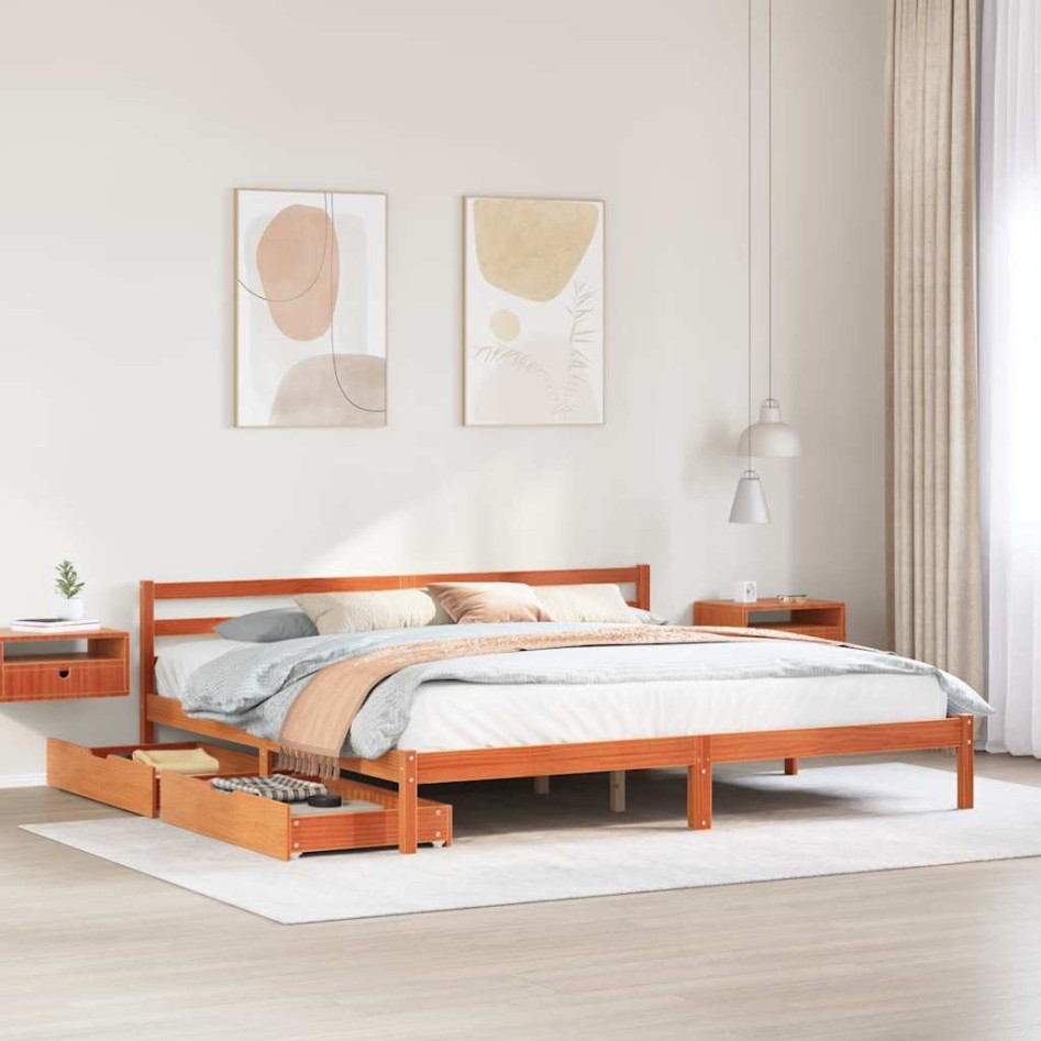 Cama sin colchón madera maciza de pino marrón cera 180x200
