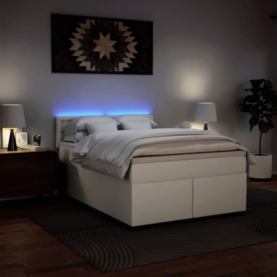 Cama box spring con colchón cuero sintético blanco