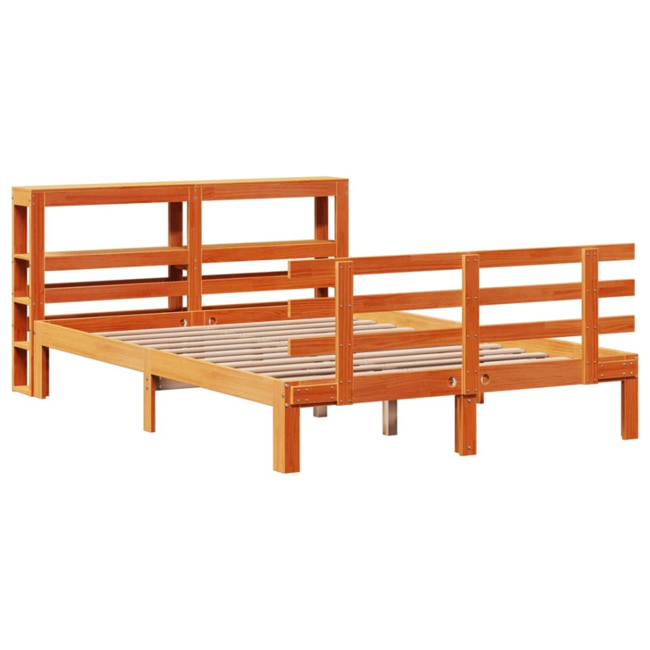 Estructura cama con cabecero madera pino marrón cera 150x200