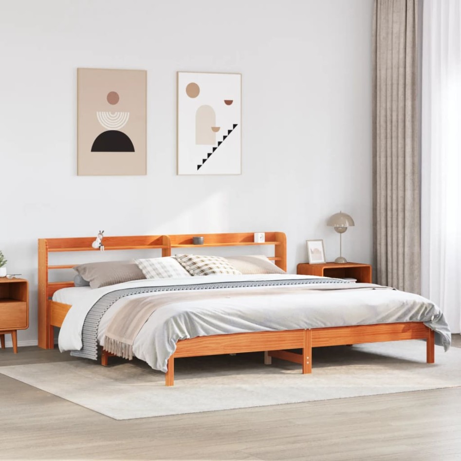 Cama sin colchón madera maciza de pino marrón cera 180x200