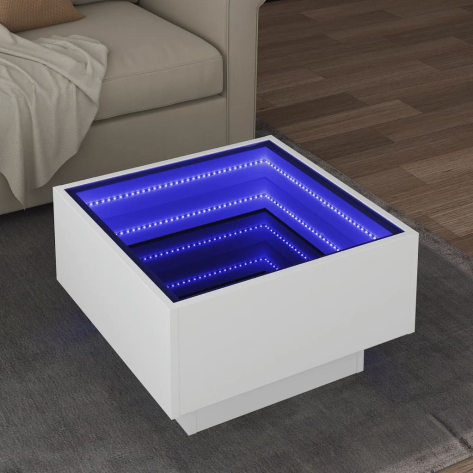 Mesa de centro con LED madera de ingeniería blanca 50x50x30