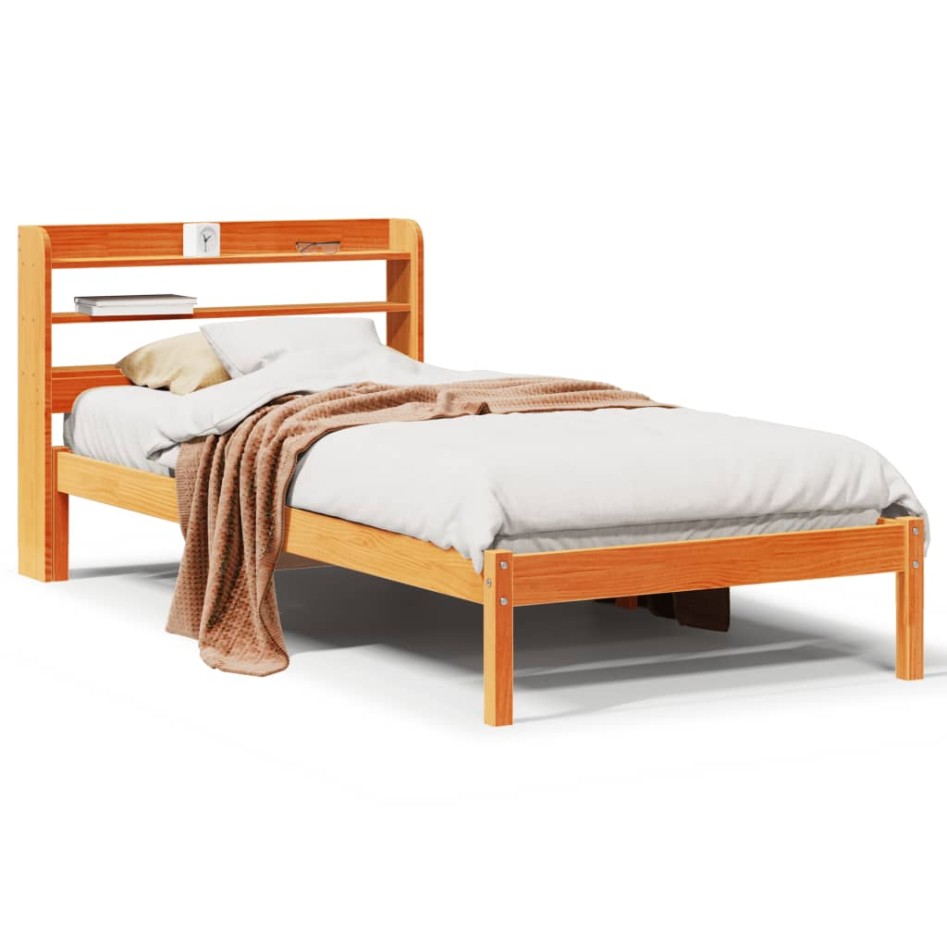 Estructura cama con cabecero madera pino marrón cera 90x190