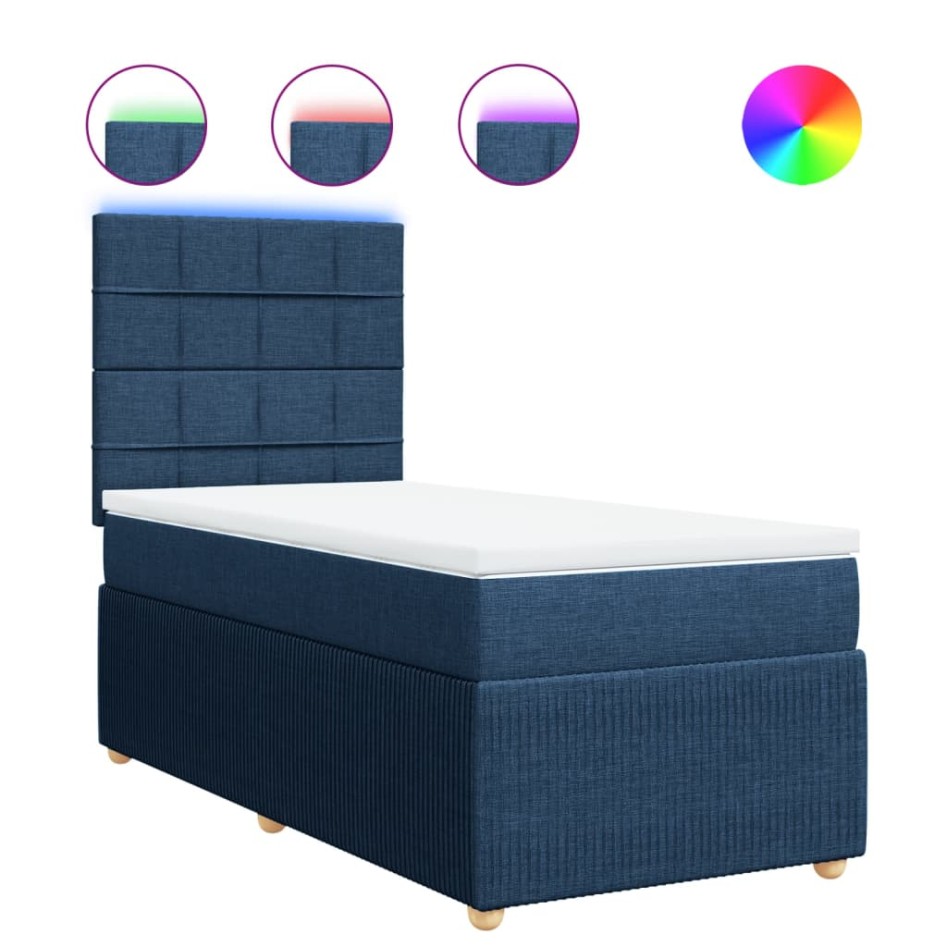 Cama box spring con colchón tela azul 90x200