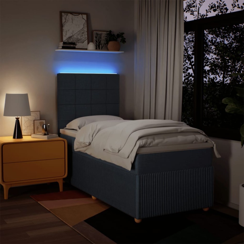 Cama box spring con colchón tela azul 90x200