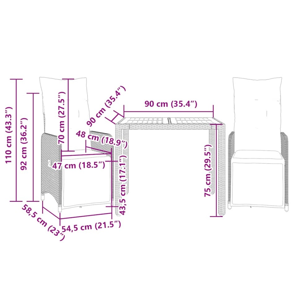 Mesita y sillas jardín 3 pzas y cojines ratán sintético