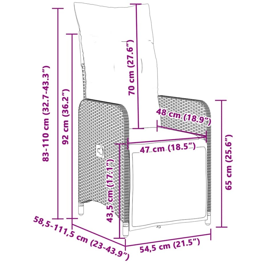Mesita y sillas jardín 3 pzas y cojines ratán sintético