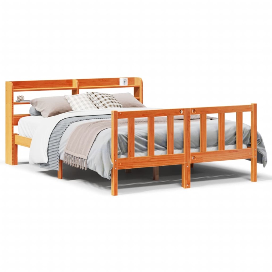 Estructura cama con cabecero madera pino marrón cera 160x200