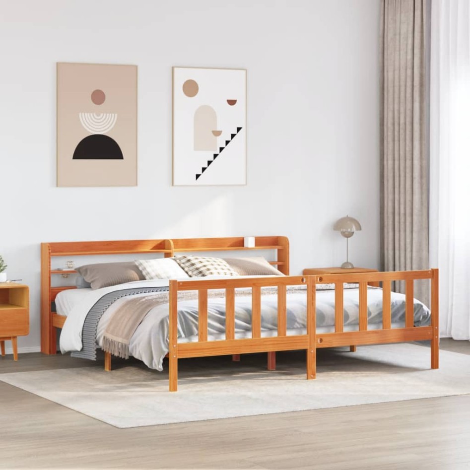 Estructura cama con cabecero madera pino marrón cera 200x200