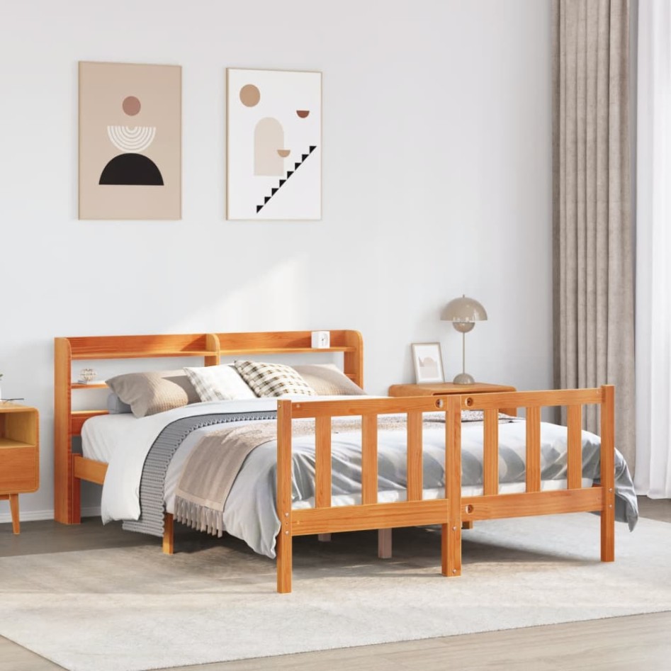 Estructura cama con cabecero madera pino marrón cera 150x200