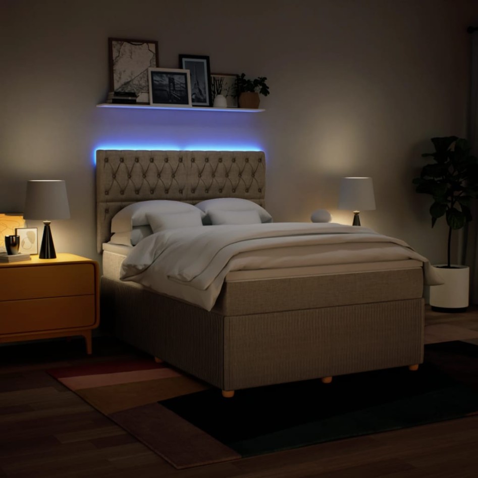 Cama box spring con colchón tela color crema 140x190