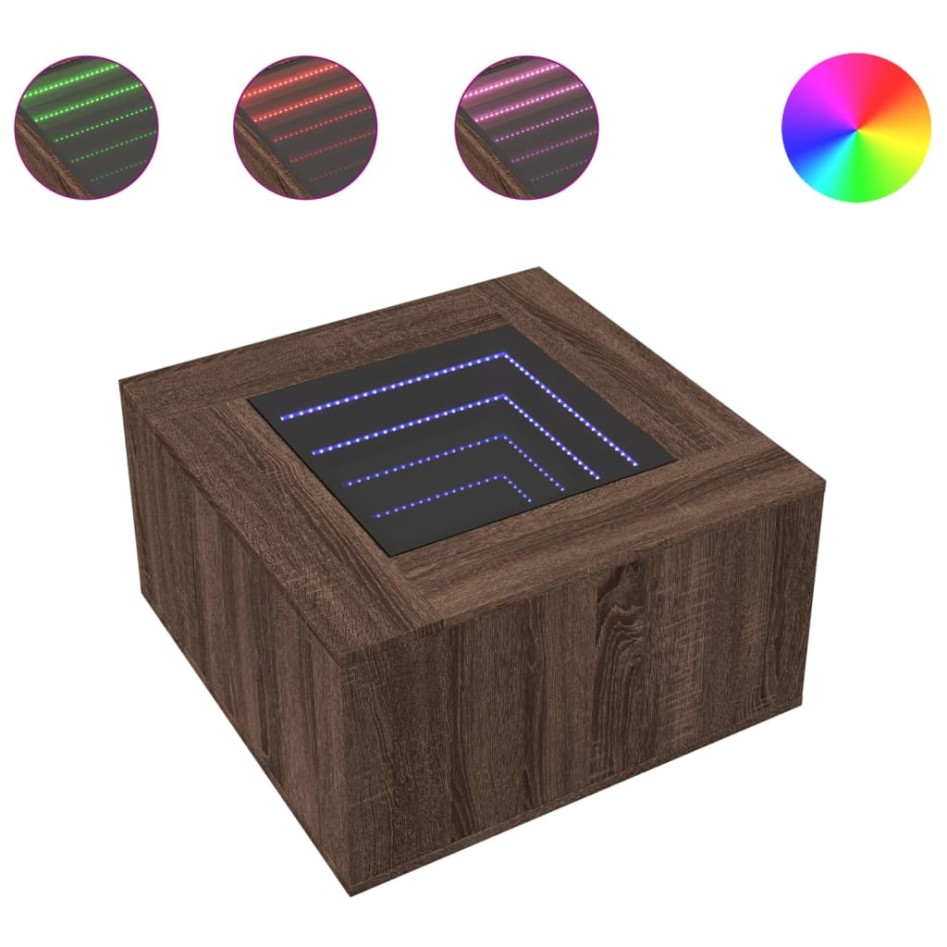 Mesa de centro y LED madera ingeniería marrón roble 60x60x40