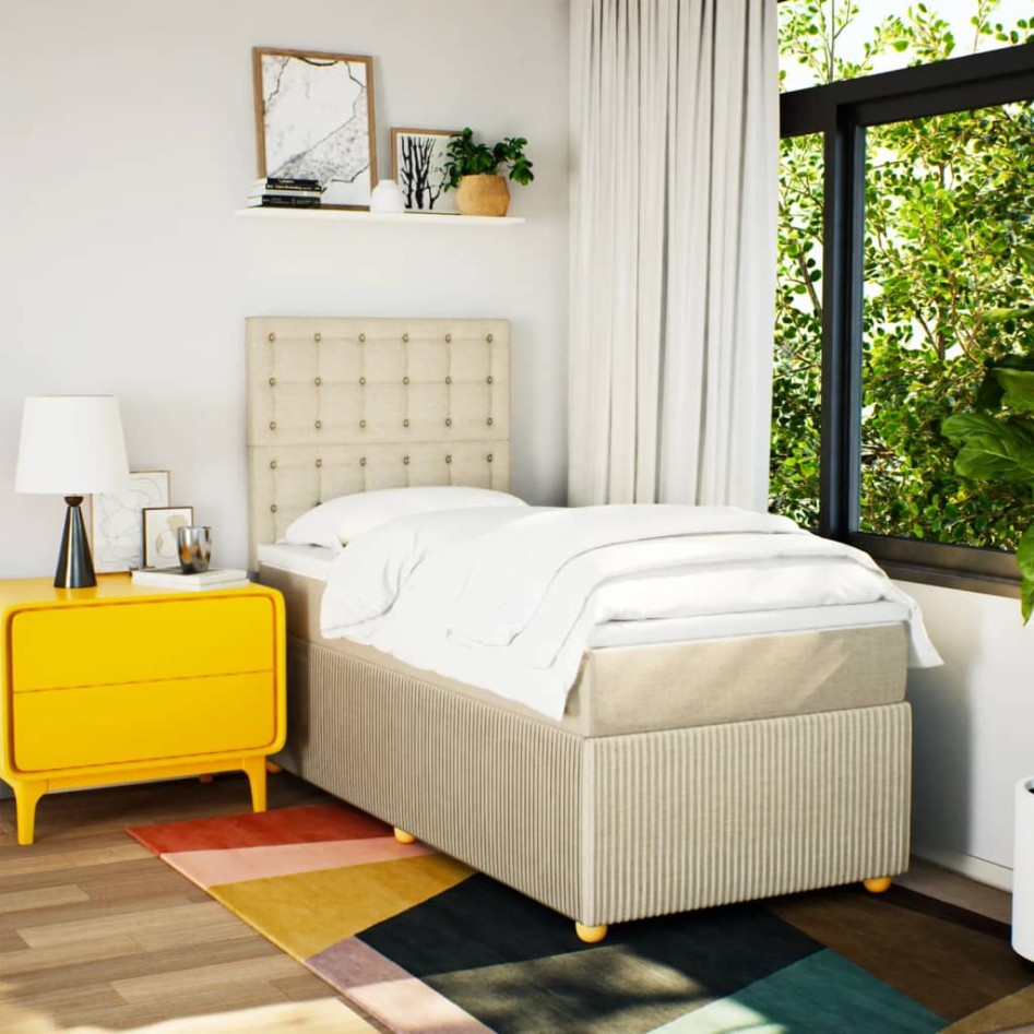 Cama box spring con colchón tela color crema 80x200