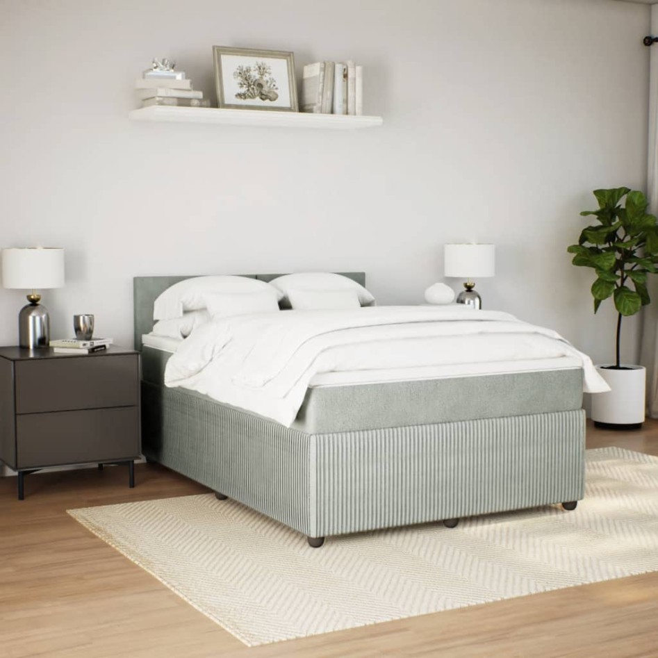 Cama box spring con colchón terciopelo gris claro 160x200