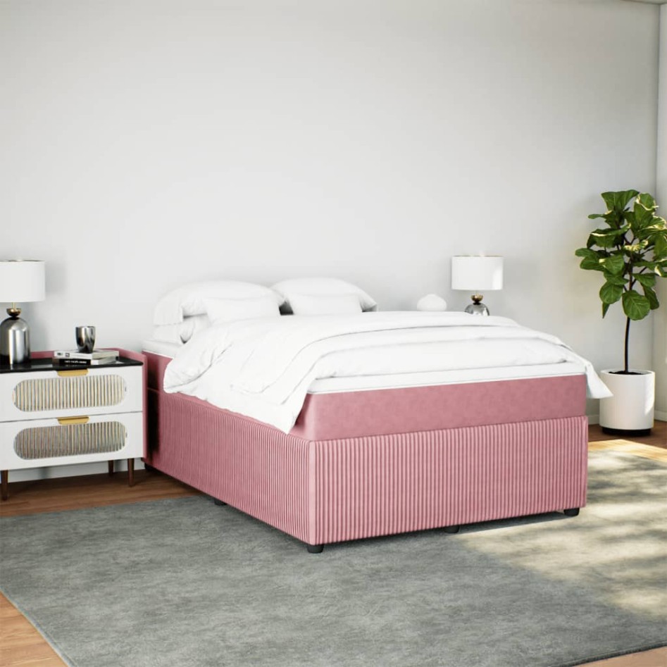 Cama box spring con colchón terciopelo rosa 140x190