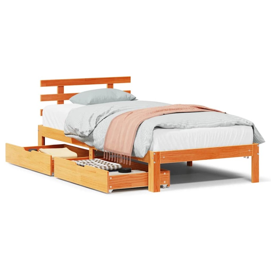 Estructura cama con cajones madera maciza pino marrón 90x200