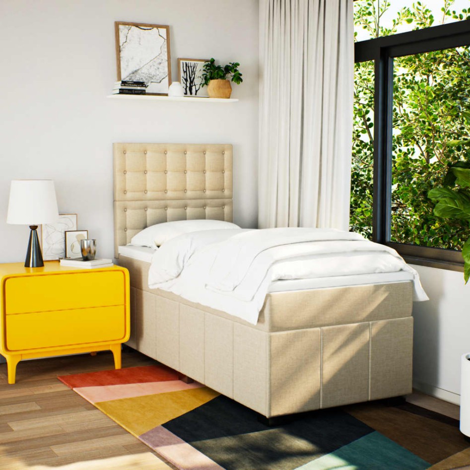 Cama box spring con colchón tela color crema 80x200