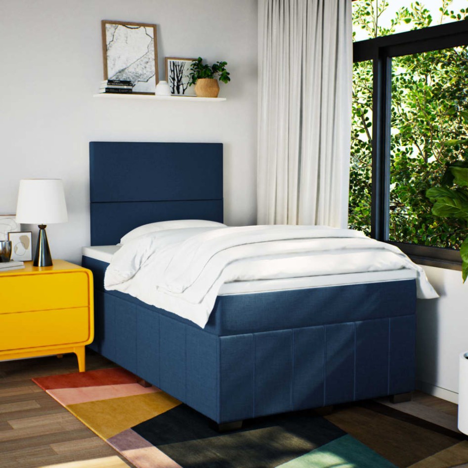 Cama box spring con colchón tela azul 120x190